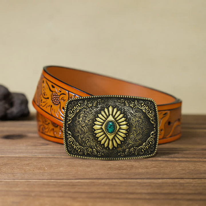 Men's DIY Square Turquoise Western Buckle Leather Belt - Antique Gold - Orange Carved Belt (40) - image 27