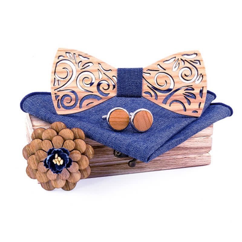 4Pcs Men's Hollow Leaf Design Wooden Bow Tie Set - Blue - image 8
