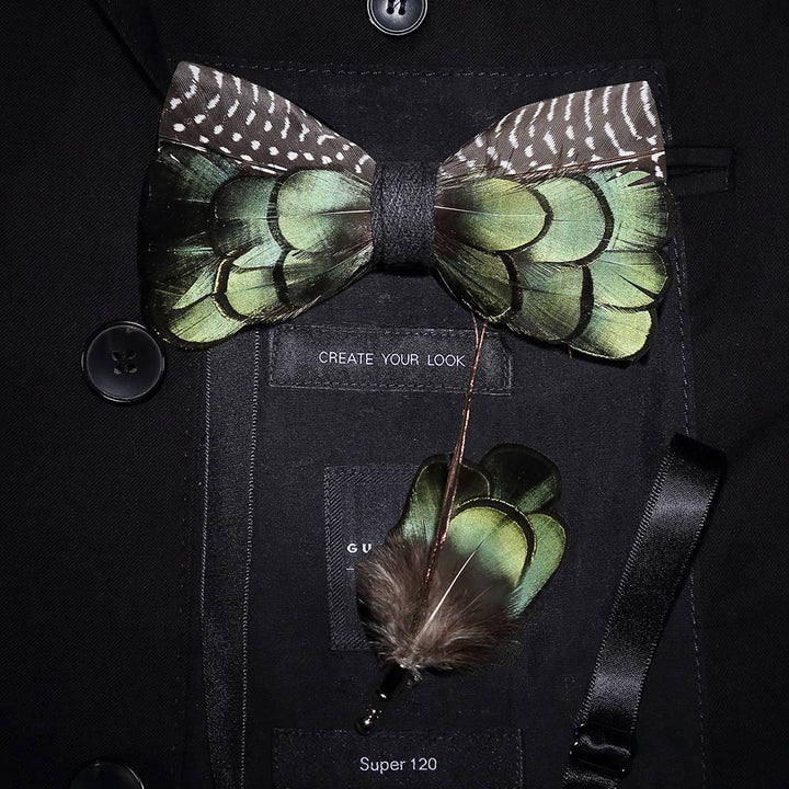 Green & Brown Peacock Goose Feather Bow Tie with Lapel Pin - Green & Brown - image 0