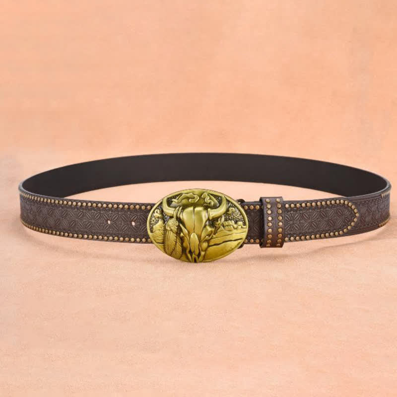 Men's Bull Head Buckle Rivet Decor Leather Belt - image 3