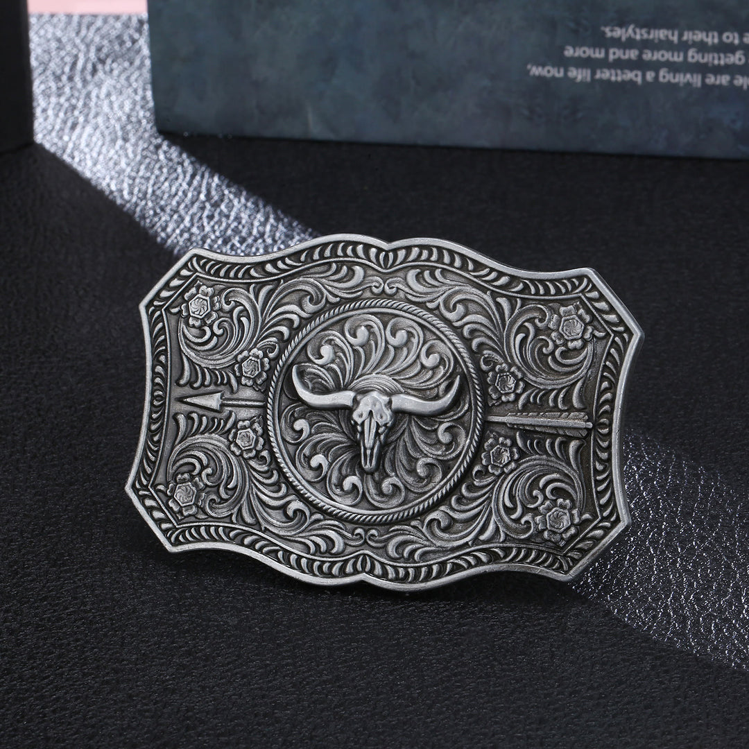 Men's DIY Long Horn Bull Arrow Buckle Leather Belt - Antique Silver - Without Belt - image 0