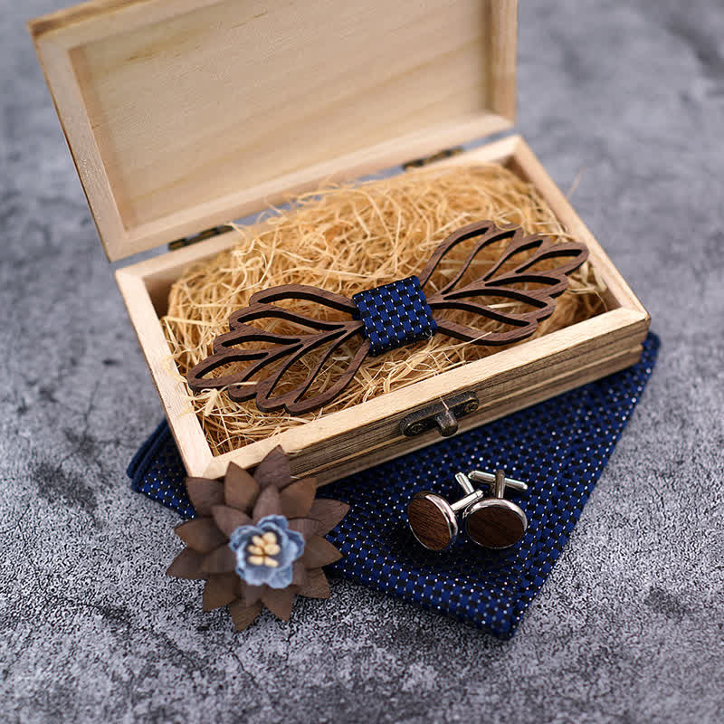 4Pcs Men's Hollow Leaves-shaped Wooden Bow Tie Set - image 7