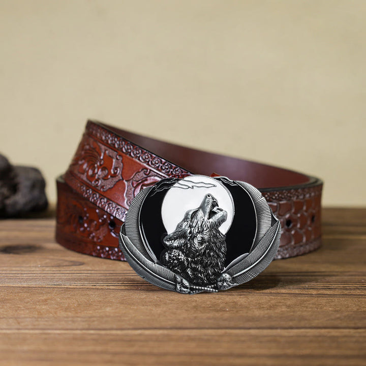 Men's DIY Howling Wolf Moon Oval Buckle Leather Belt - White - Brown Carved Belt (40) - image 15