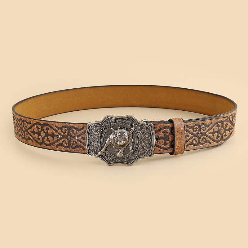 Men's Yak Matador Bull Engraved Floral Leather Belt - image 3