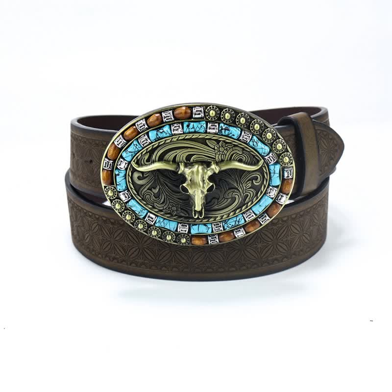 Men's Western Cowboy Turquoise Bull Leather Belt - Coffee / Gold - 40 - image 14