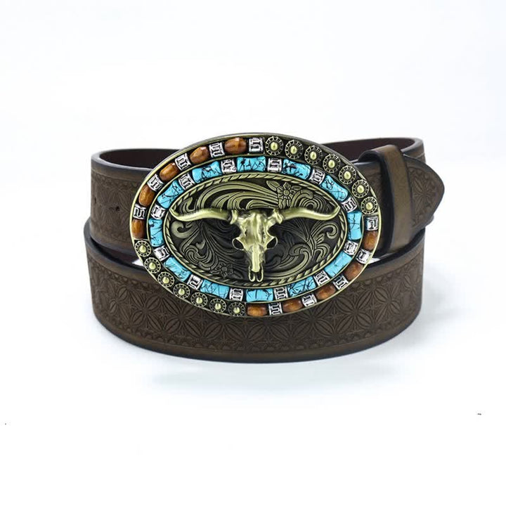 Men's Western Cowboy Turquoise Bull Leather Belt - Coffee / Gold - 40 - image 14
