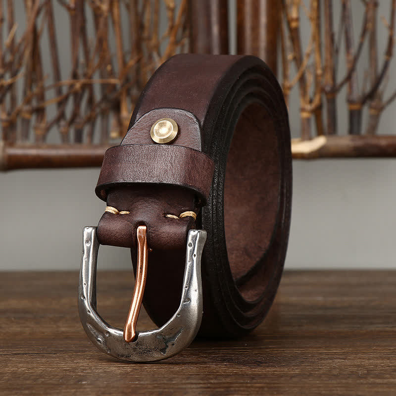 Men's Classic Vintage Carved Buckle Leather Belt - Brown - 44 - image 5