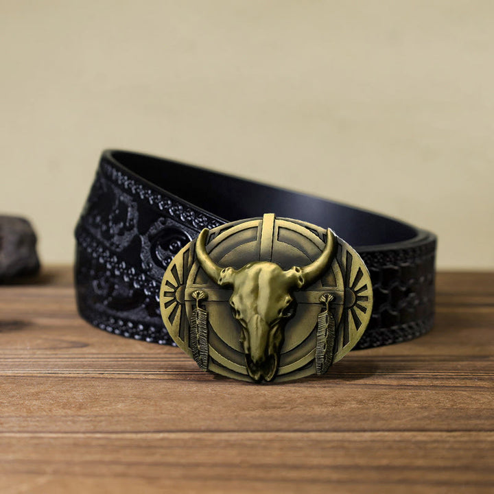 Men's DIY Buckle Leather Belt - Bronze - Black Carved Belt (40) - image 13