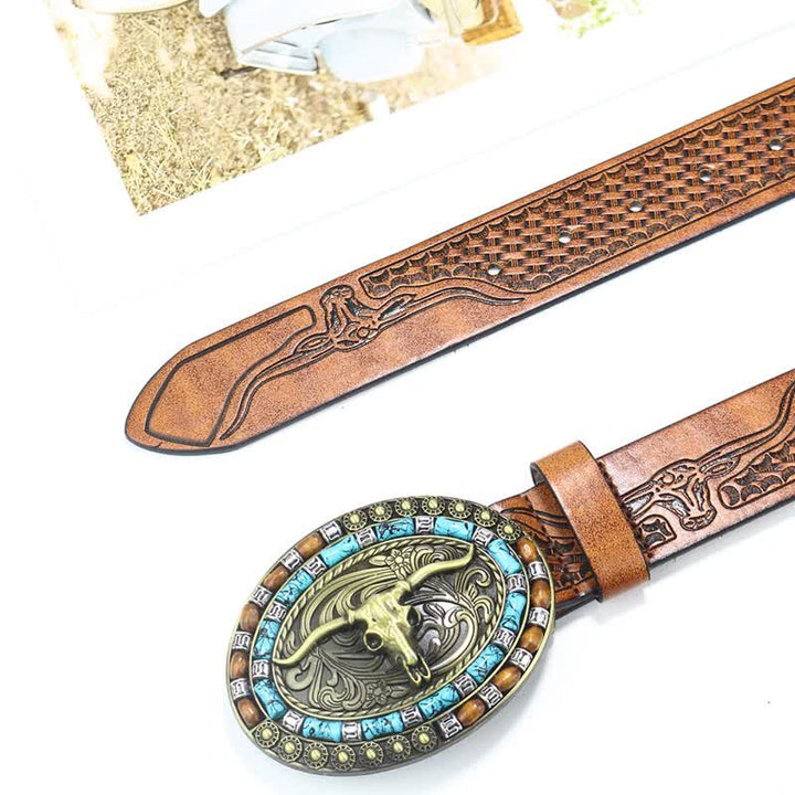 Men's Western Cowboy Turquoise Bull Leather Belt - image 10