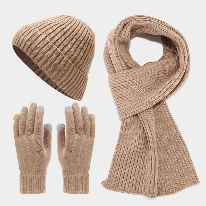 3Pcs Unisex Classic Versatile Hat Scarf Gloves Set - Camel - Adjustable (Approx. 21 5/8"-23 5/8") - image 4