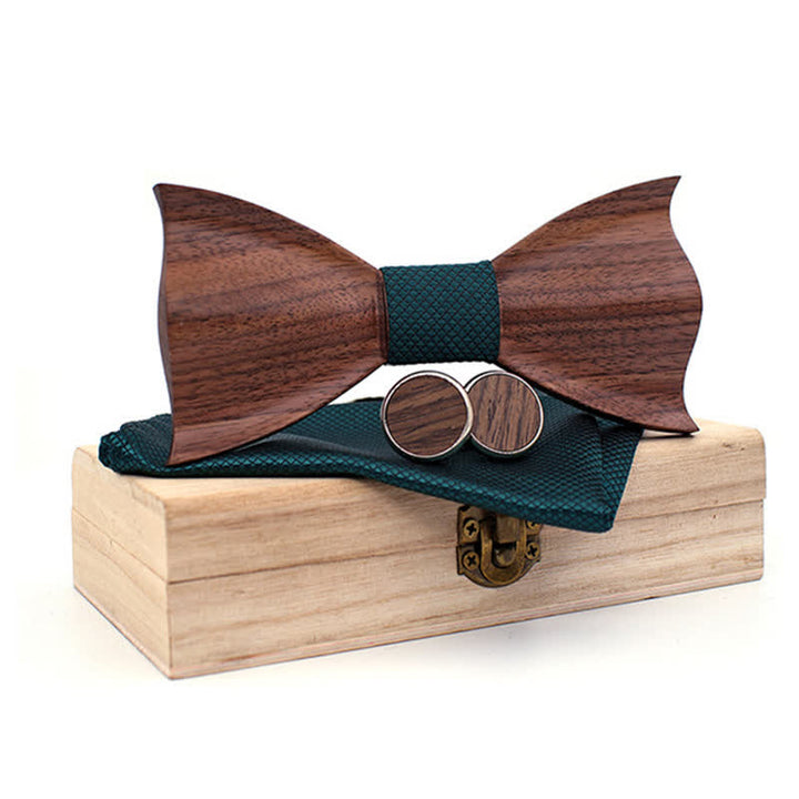 3Pcs Men's 3D Black Walnut Wooden Bow Tie Set - Green - image 7