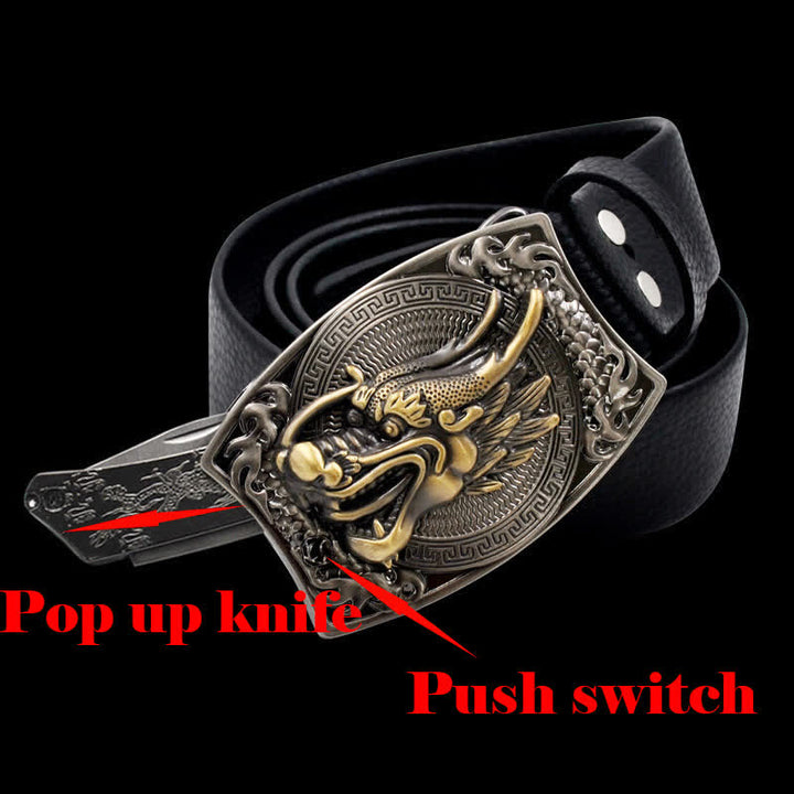 Men's Gold Dragon Head Leather Belt With Folding Knife - image 1