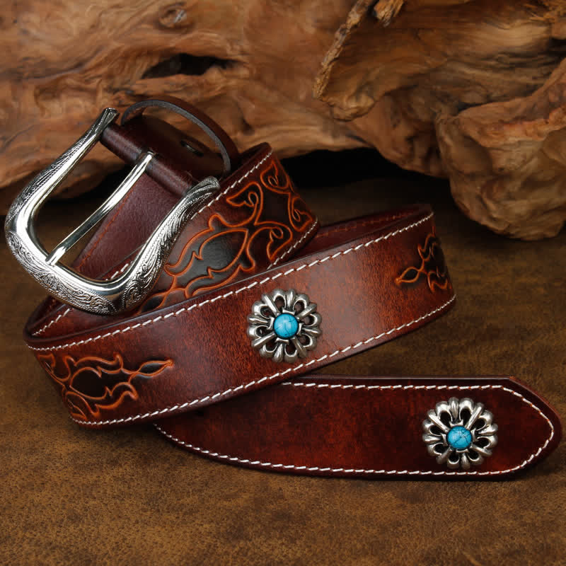 Unisex Retro Brown Turquoise Flower Leather Belt - image 1