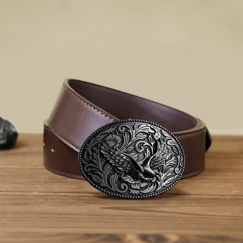 Men's DIY Animal Flying Eagle Buckle Leather Belt - Antique Silver - Brown PU Belt (40) - image 11
