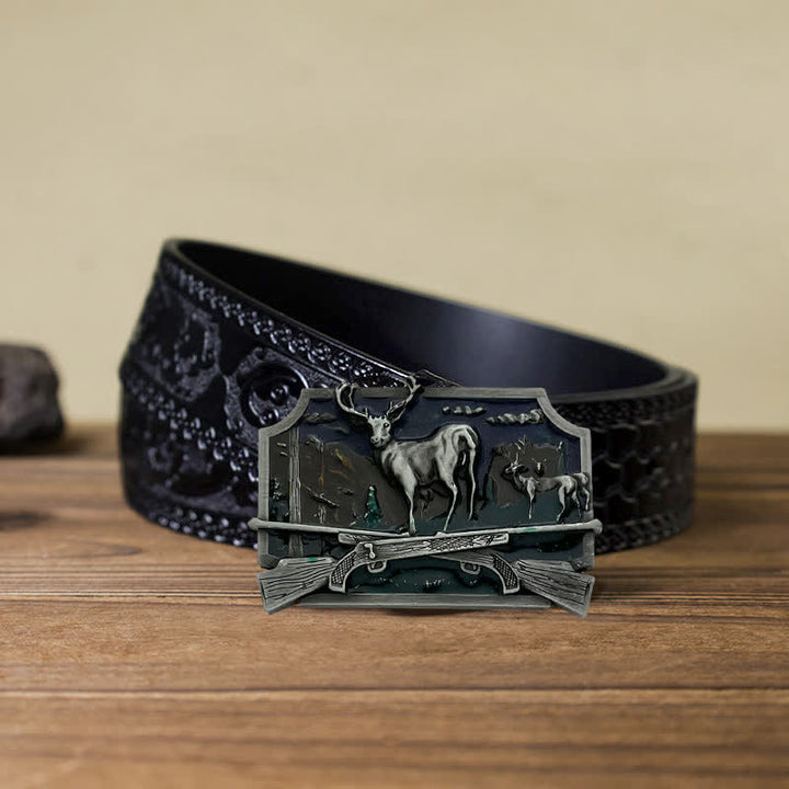 Men's DIY Deer Shotgun Hunter Buckle Leather Belt - Antique Silver - Black Carved Belt (40) - image 15