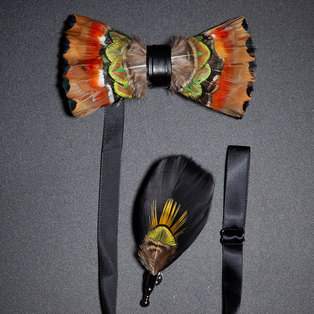 Orange Phoenix Feather Bow Tie with Lapel Pin - Orange - image 0