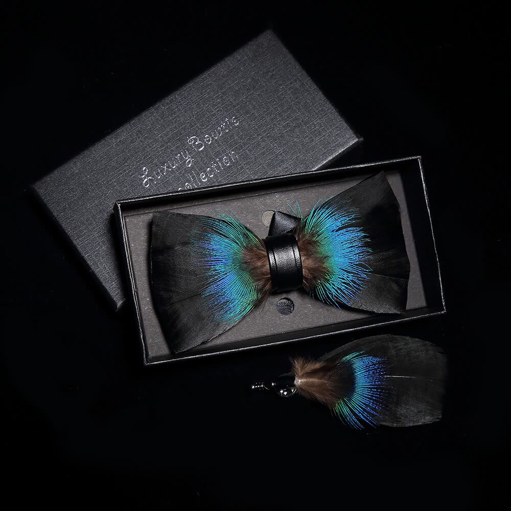 Black & Blue Versatile Feather Bow Tie with Lapel Pin - image 1