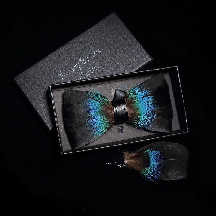 Black & Blue Versatile Feather Bow Tie with Lapel Pin - image 1