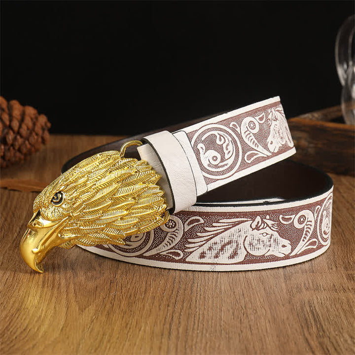 Men's Eagle Head Realistic Vulture Western Leather Belt - White / Gold - 42 - image 13