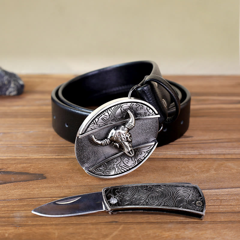 Men's Bull Head Leather Belt With Folding Knife - image 8