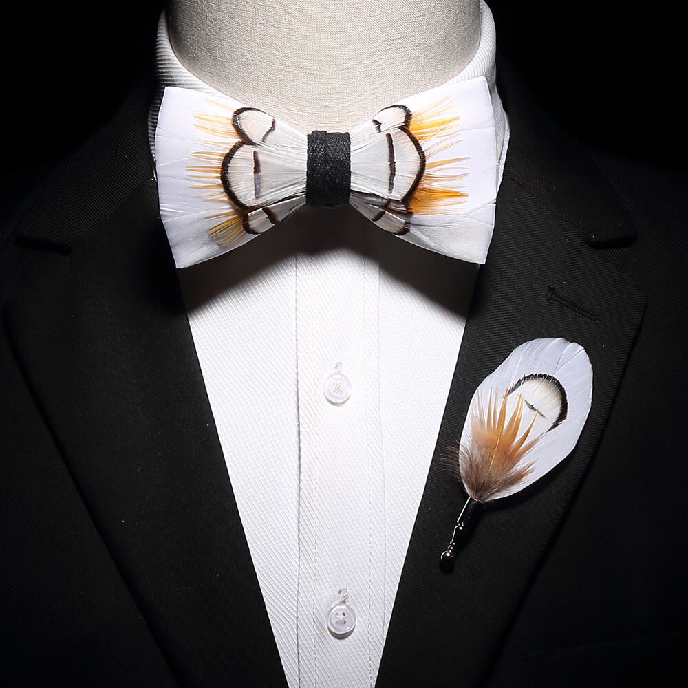 Kid's Beige Elegant Feather Bow Tie with Lapel Pin - image 1