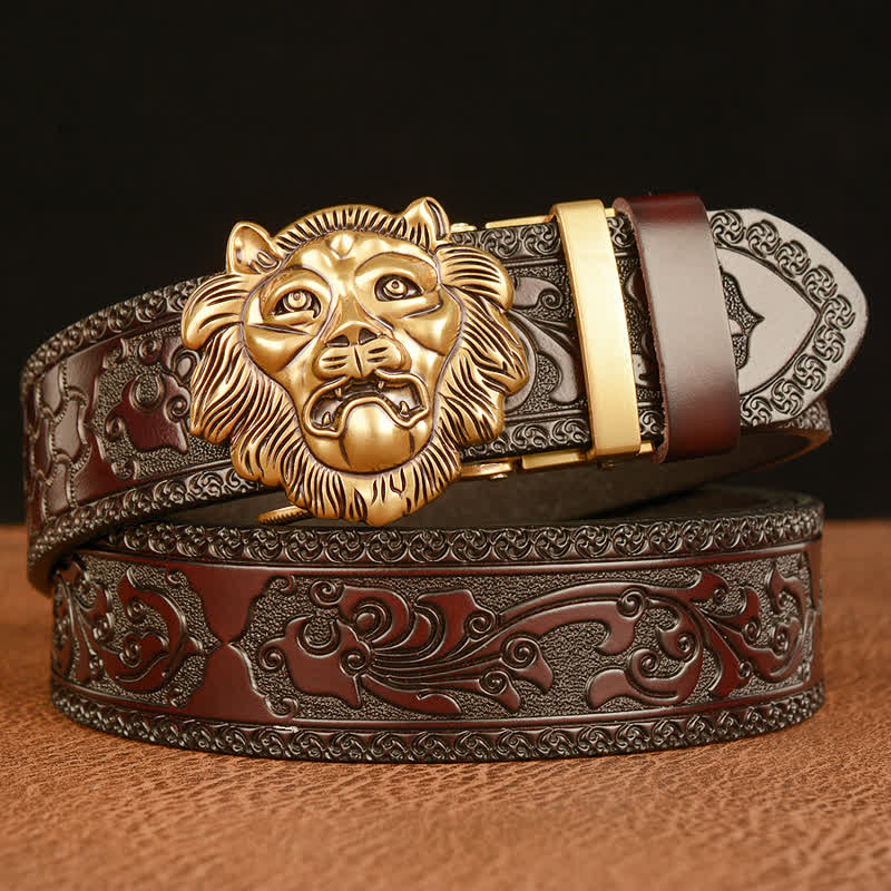 Men's 3D Sculpture Lion Head Leather Belt - Gold & Brown - 46 - image 0