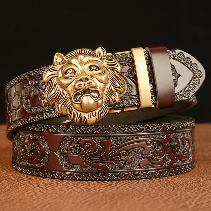Men's 3D Sculpture Lion Head Leather Belt - Gold & Brown - 46 - image 0