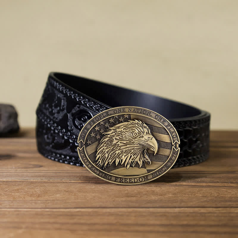 Men's DIY Patriotic Bald Eagle USA Flag Buckle Leather Belt - Antique Bronze - Black Carved Belt (40) - image 14