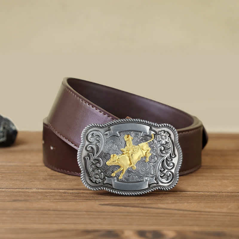 Men's DIY Gold Carving Animal Buckle Leather Belt - Rodeo - Brown PU Belt (40) - image 22