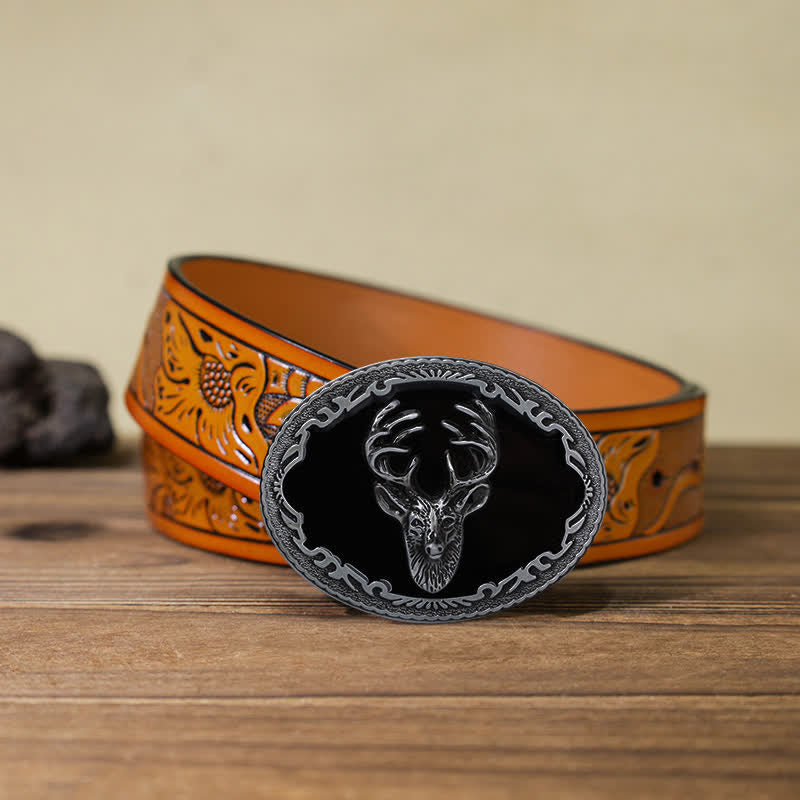 Men's DIY Black Deer Head Buckle Leather Belt - Deer - Orange Carved Belt (40) - image 15