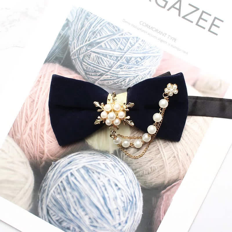 Men's Pearls Snowflake Chain Plain Bow Tie - Navy - image 5