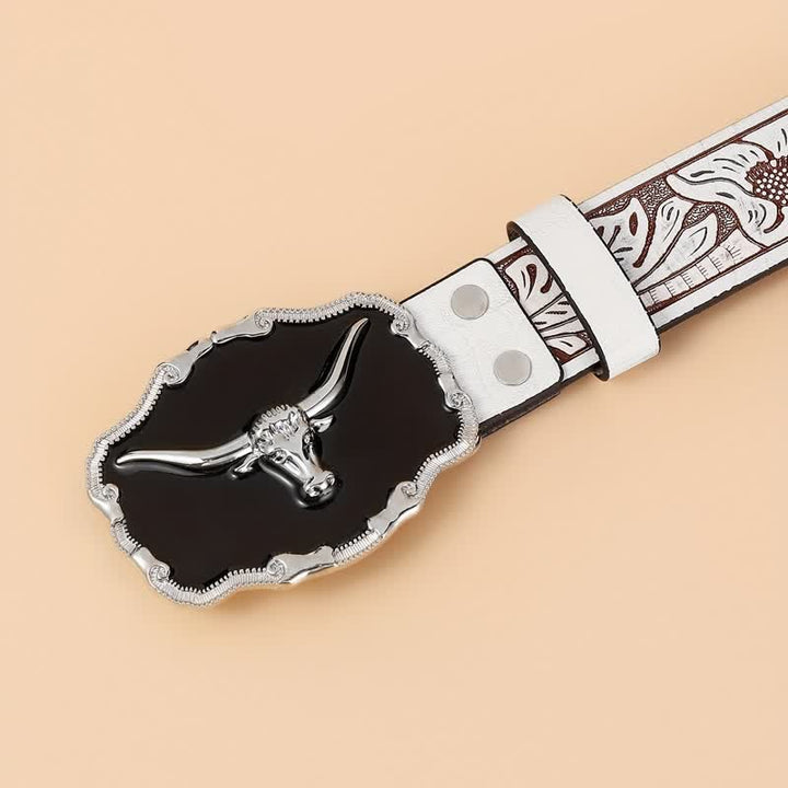 Men's Black Western Longhorn Bull Head Leather Belt - image 2