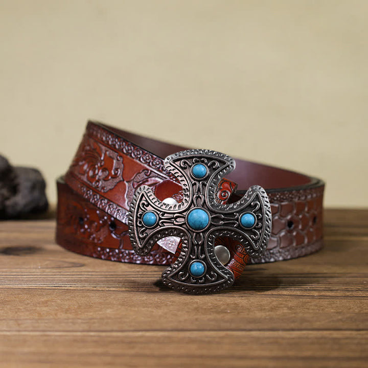 Men's DIY Retro Turquoise Stone Cross Buckle Leather Belt - Cross - Brown Carved Belt (40) - image 10