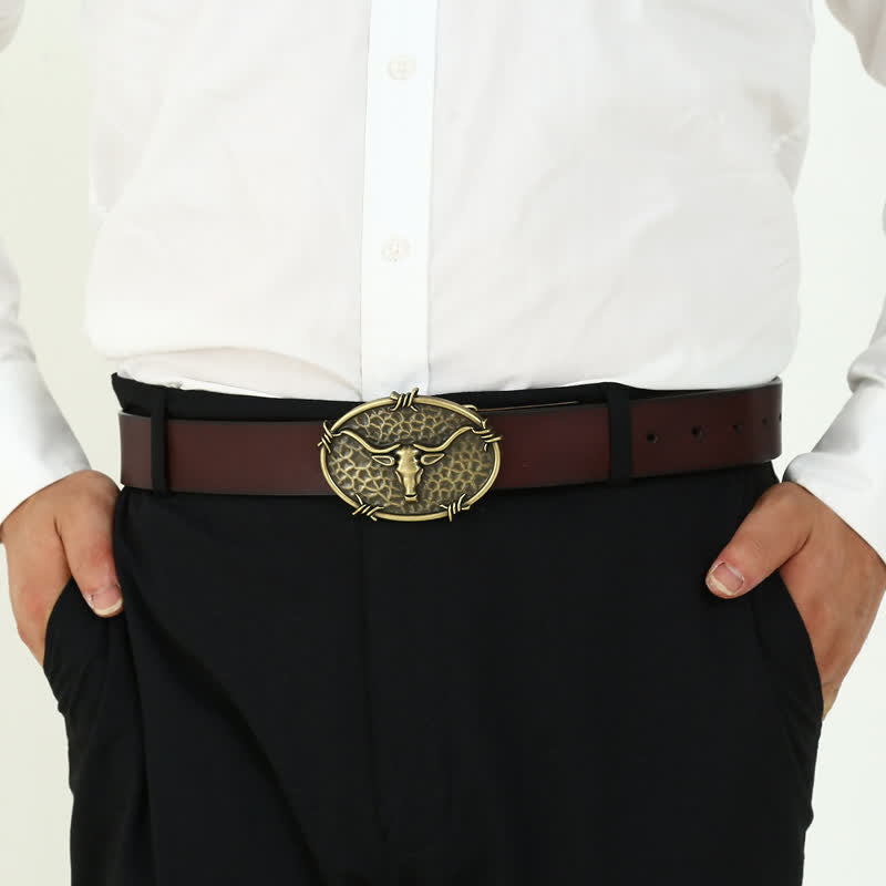 Men's DIY Cowboy Bull Head Hammered Buckle Leather Belt - image 5