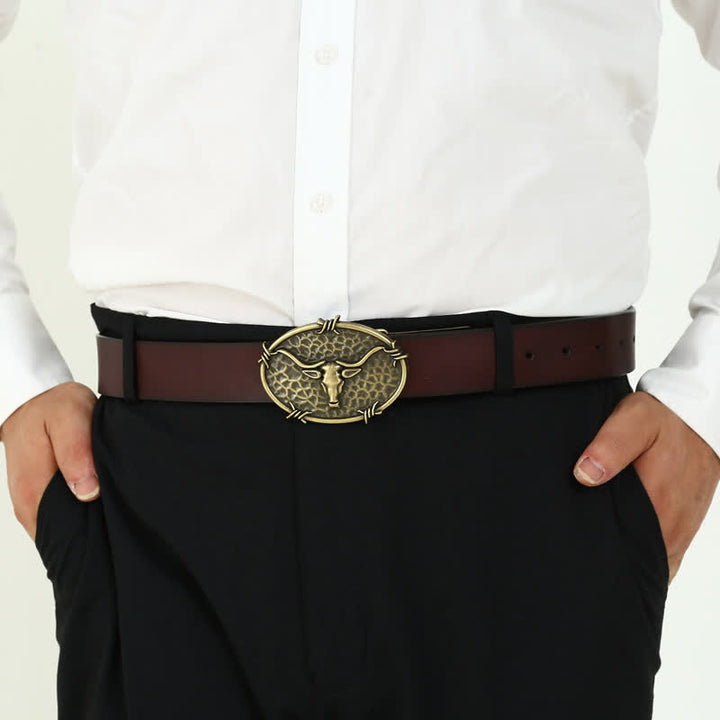 Men's DIY Cowboy Bull Head Hammered Buckle Leather Belt - image 5