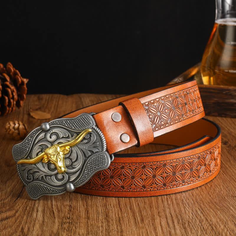 Men's Square Golden Longhorn Bull Leather Belt - Style #7 - 42 - image 13