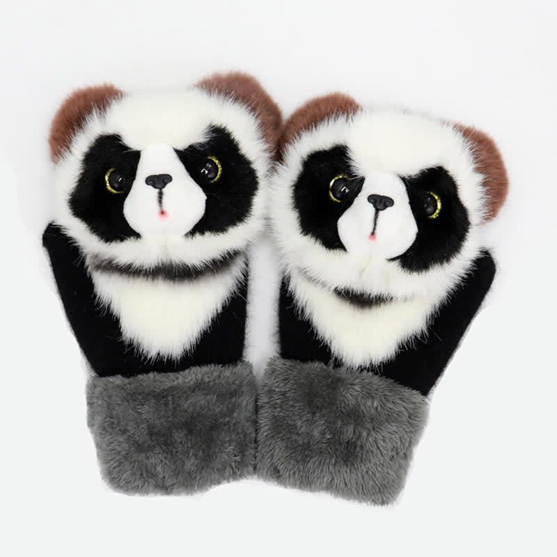 Women's Cute Animal Furry Mittens Gloves - Black Panda - image 2