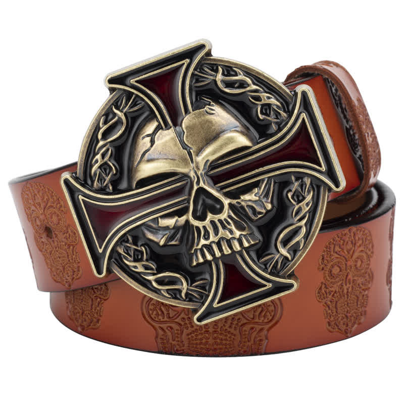 Men's Cross Skull Embossed Pattern Leather Belt - Yellowish-Brown / Gold - 46 - image 13
