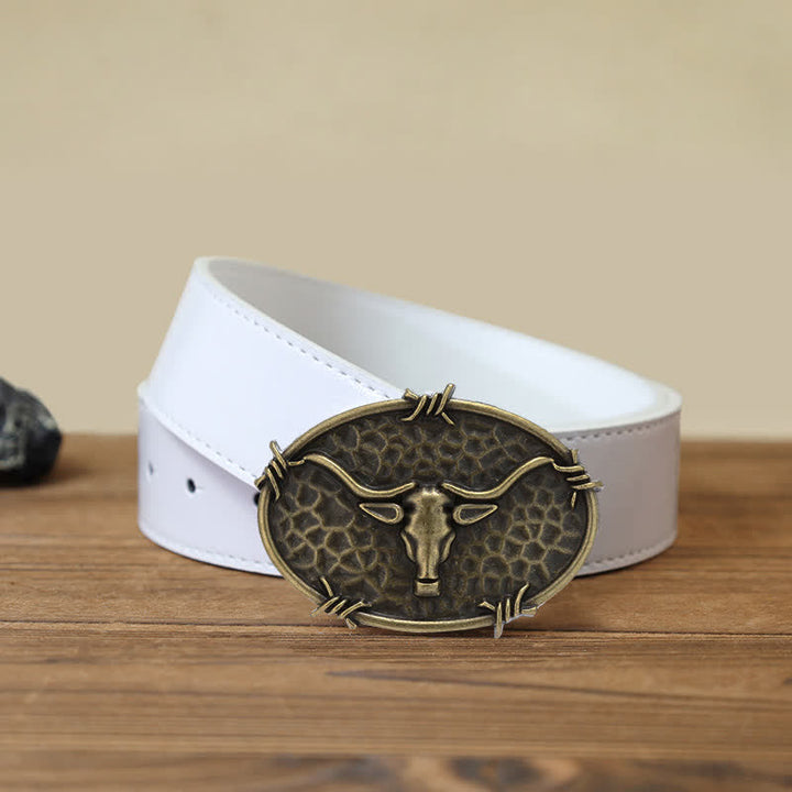 Men's DIY Cowboy Bull Head Hammered Buckle Leather Belt - Antique Bronze - White PU Belt (40) - image 10