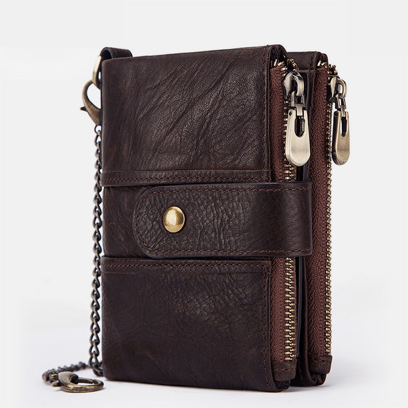 Genuine Leather Anti-theft Retro Wallet With Chain - Brown - image 0