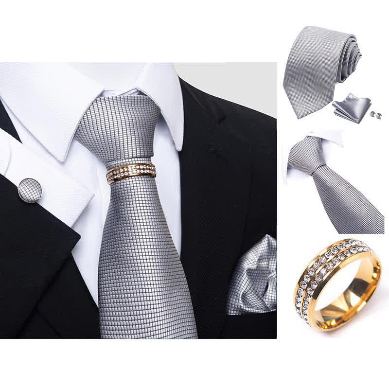 4Pcs Men's Micro-checked Necktie Set With Tie Ring - image 1