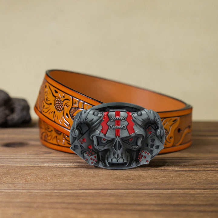 Men's DIY Skull Clown Joker Buckle Leather Belt - Antique Silver - Orange Carved Belt (40) - image 27