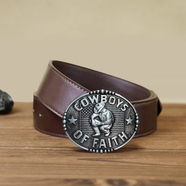 Men's DIY Cowboys Of Faith Buckle Leather Belt - Antique Silver - Brown PU Belt (40) - image 11