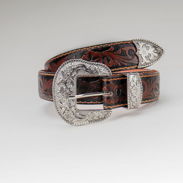Women's Coffee Vintage Flower Engraved Leather Belt - image 2
