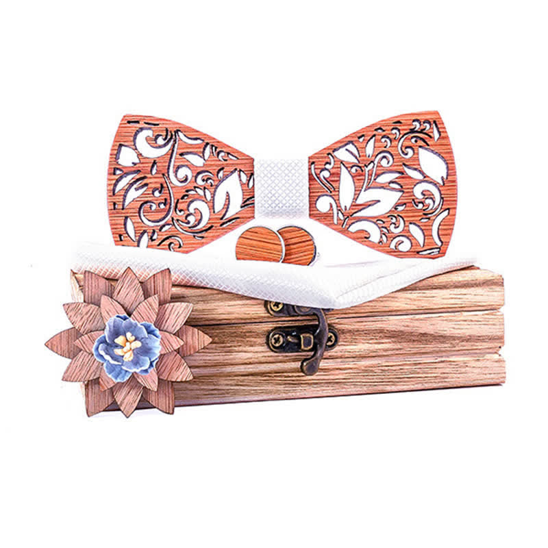 4Pcs Men's Plant Hollow Wooden Bow Tie Set - White - image 10