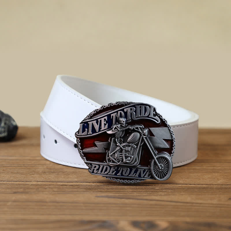 Men's DIY Skull Biker Live to Ride Buckle Leather Belt - Skull Biker - White PU Belt (40) - image 4