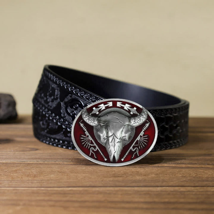 Men's DIY Indian Theme Bull Skull Buckle Leather Belt - Dark Red - Black Carved Belt (40) - image 10