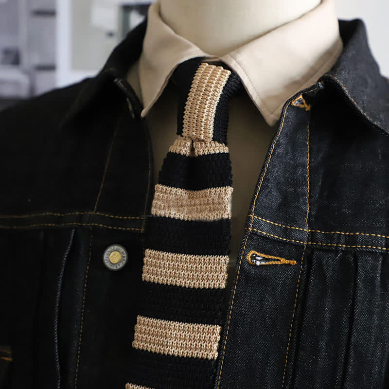 Men's Autumn Horizonal Striped Knitted Necktie - Wheat & Black - image 6