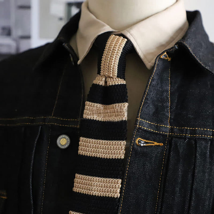 Men's Autumn Horizonal Striped Knitted Necktie - Wheat & Black - image 6