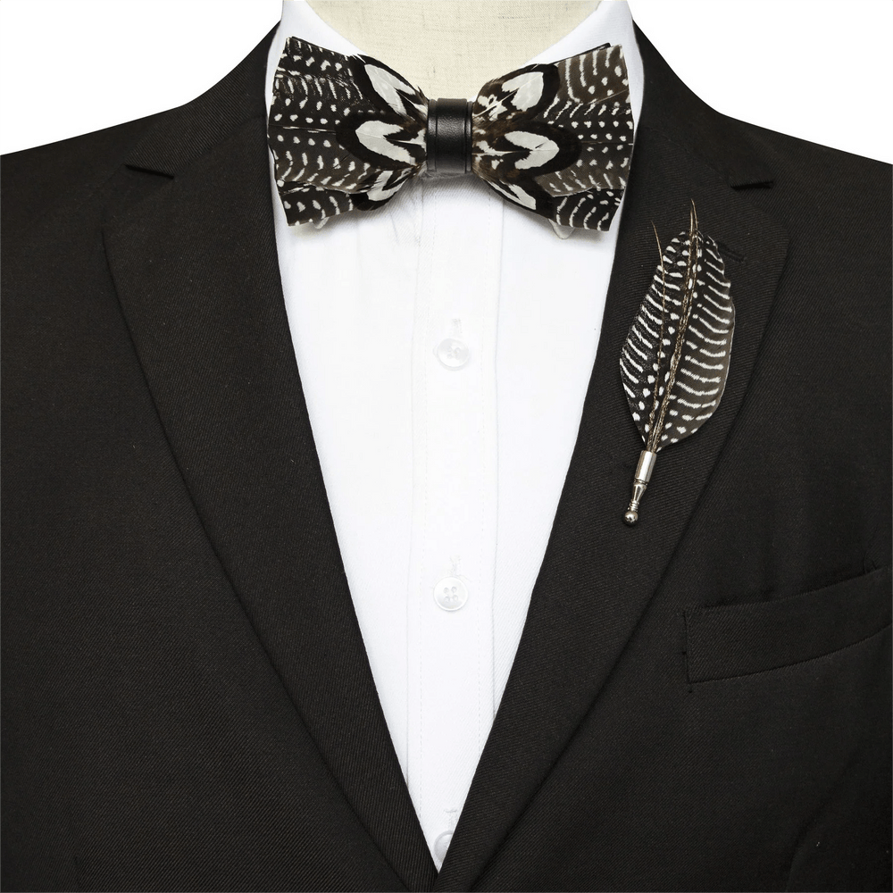 Brown & White Spots Feather Bow Tie with Lapel Pin - image 1